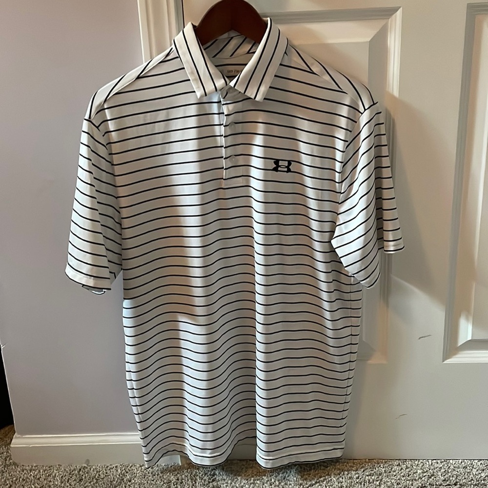 Striped black and white under armor golf polo